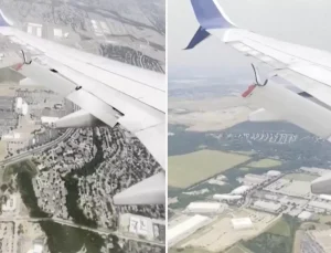 Yolcu uçağının kanadındaki flap havada kısmen koptu